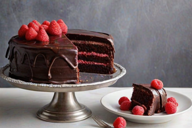 Create an image of a decadent chocolate cake with layers filled with raspberry filling. The cake should be frosted with rich chocolate icing and topped with fresh raspberries. The setting should be elegant, with a silver platter and a soft, light background.