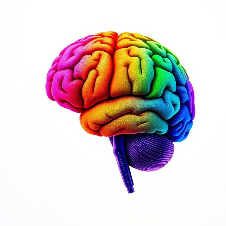 Create a high-resolution illustration of a colorful brain with intricate patterns, using a Canon EOS R5 camera, 50mm lens, f/2.8 aperture, ISO 100, in a bright studio setting with soft natural light for enhanced detail and vibrancy.