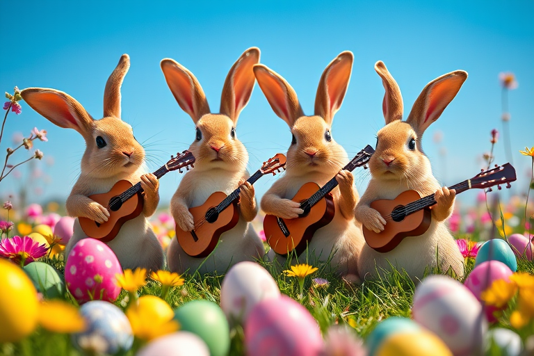A whimsical scene of four rabbits playing musical instruments in a colorful meadow filled with Easter eggs, vibrant blue sky in the background, shot with a Canon EOS R5, 50mm f/1.8 lens, natural light, low angle view, vibrant color profile.