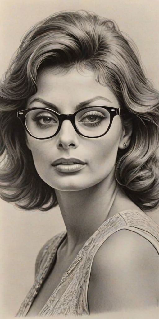 Enchanting Sophia Loren, pencil sketch, portrait of Appealing woman 1925s in glasses, hair style beatnik, outline, clear lines, fine lines, 8k