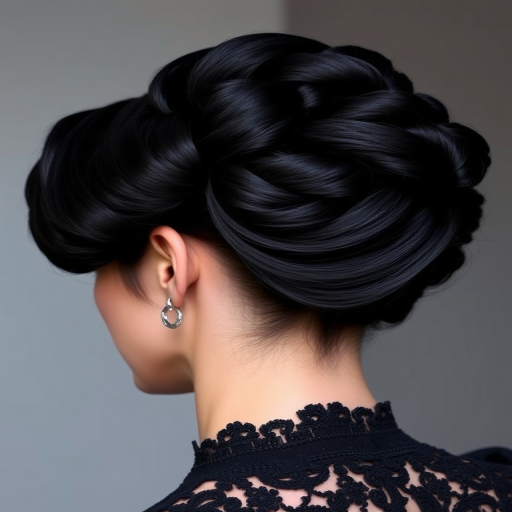Dramatic jet black hair in a "Midnight Majesty" updo features intricate braids and a sculptural silhouette, embodying timeless elegance