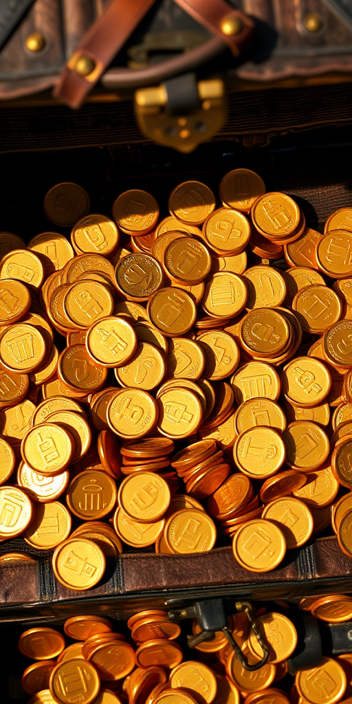 Create an image of a treasure chest overflowing with gold coins, captured from a slightly angled top-down view, using a DSLR camera with a 50mm lens, f/2.8 aperture, ISO 100, and natural lighting to enhance details and shadows.