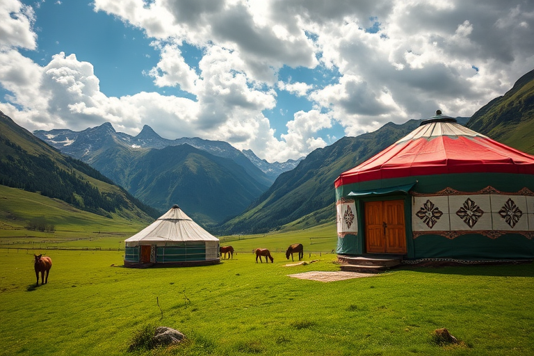 a scenic view of a yurt in a lush green valley with mountains in the background and horses grazing, captured with a Canon EOS R5, 24-70mm lens, f/8 aperture, ISO 100, 1/250 sec shutter speed, wide-angle view, vibrant colors and high detail