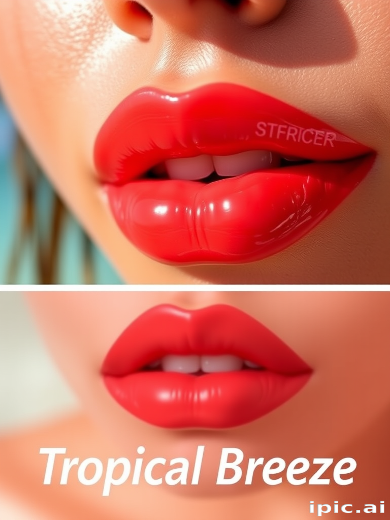 Vibrant coral sunset lips with a glossy finish, named "Tropical Breeze," feature a subtle ombre effect and a plumping formula for a full, luscious appearance