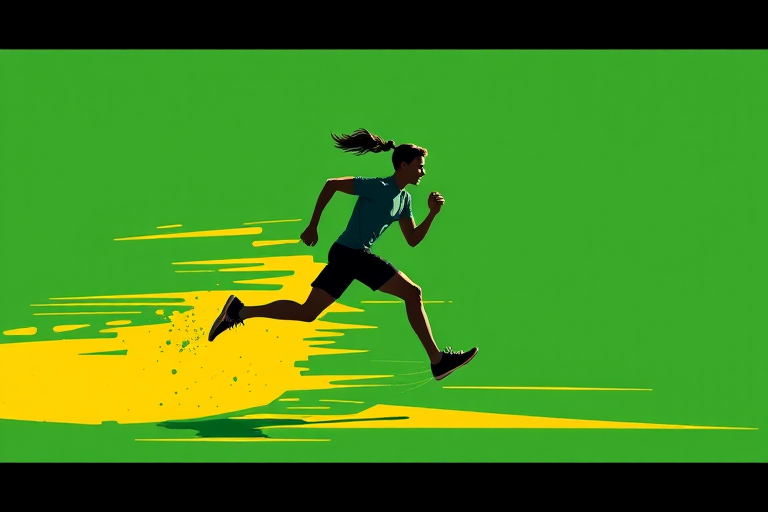 create a vibrant vector-style illustration of a person running with a green and yellow color palette, utilizing a 50mm lens, f/2.8 aperture, ISO 100, shooting in natural light, with a focus on dynamic movement and depth.