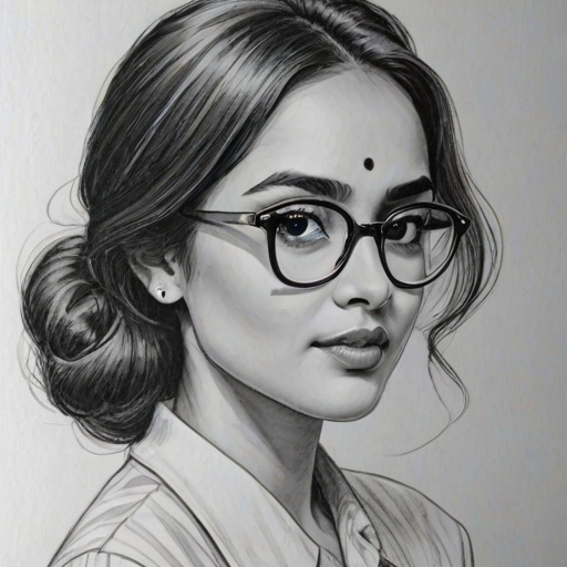 Appealing Summer Bishil, pencil sketch, portrait of Exquisite woman 1952s in glasses, hair style beatnik, outline, clear lines, fine lines, 8k