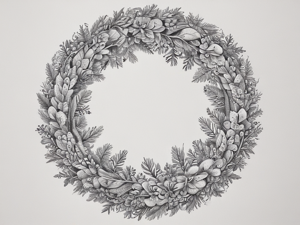 Intricate Hand-Drawn Wreath Featuring a Variety of Botanical Elements