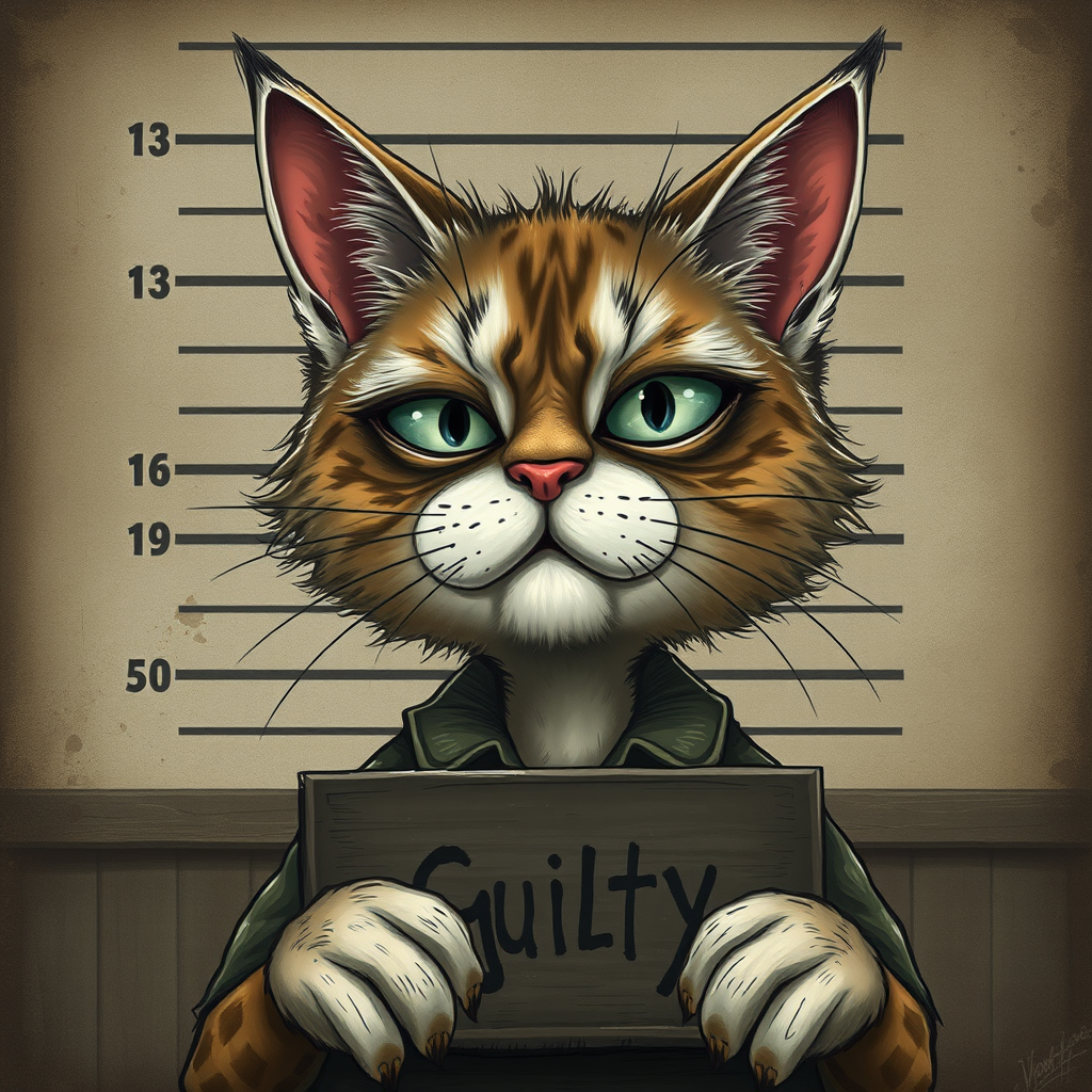 A comical cartoon-like scruffy cat, battered, dirty, with a mug shot and 'guilty' written on the board, in a whimsical and surreal art style with dark fantasy themes, dramatic lighting effects, minimalist and abstract touches, hyper-realistic details, textured backgrounds, vintage aesthetics, playful and exaggerated characters, gothic aesthetics, intricate designs, detailed patterns, and artistic composition