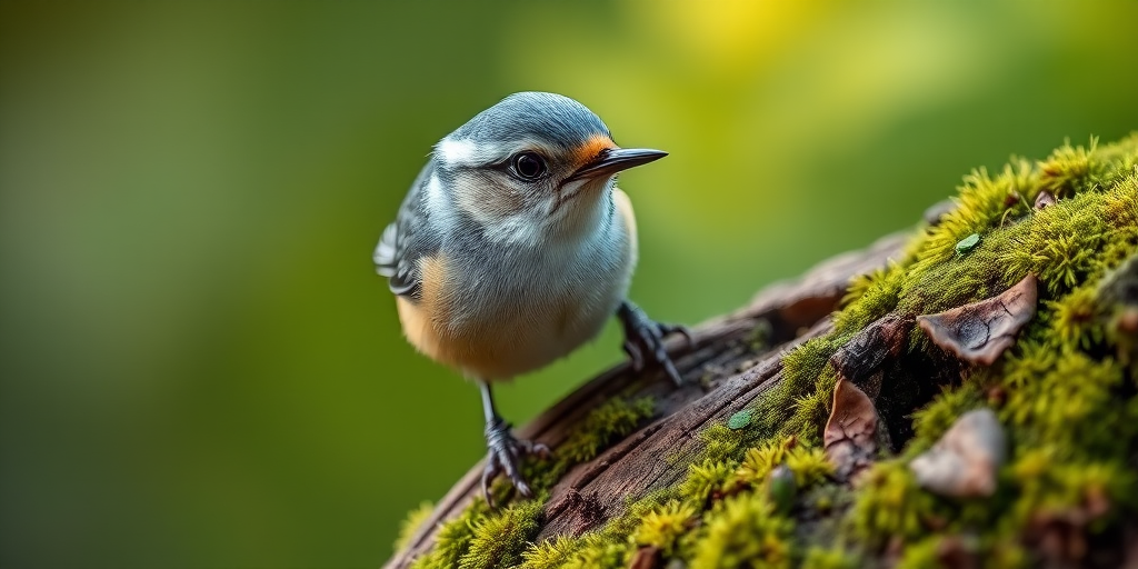 a detailed close-up of a nuthatch perched on mossy wood, natural lighting, shallow depth of field, ISO 200, f/2.8 aperture, 85mm lens, macro photography, DSLR camera, focus on the bird's textures and colors for enhanced clarity
