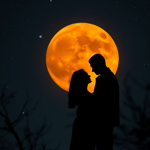 silhouette of a couple embracing in front of a large full moon, vibrant orange hue, starry night sky, tree branches in the foreground, camera settings: f/2.8, ISO 100, 1/60s, camera view: portrait, camera style: cinematic, camera type: DSLR