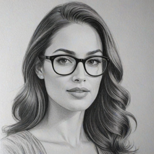 Graceful Brie Bella, pencil sketch, portrait of Radiant woman 1948s in glasses, hair style beatnik, outline, clear lines, fine lines, 8k