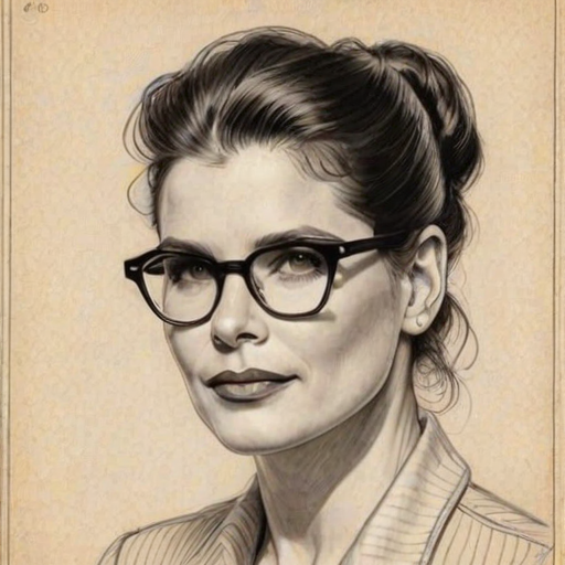 Ravishing Julia Ormond, pencil sketch, portrait of Ravishing woman 1937s in glasses, hair style beatnik, outline, clear lines, fine lines, 8k