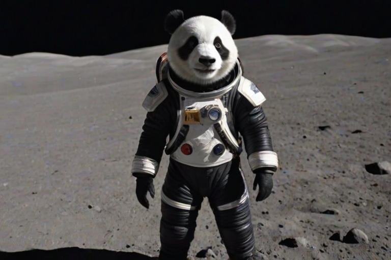 The image is a high-resolution photograph of a teen panda named Huahua, depicted standing on the surface of the moon. Huahua has her distinctive black and white fur, and she is dressed in a sleek, futuristic space suit complete with a helmet and oxygen tank. The suit is detailed with patches and tubing, creating a realistic astronaut look.