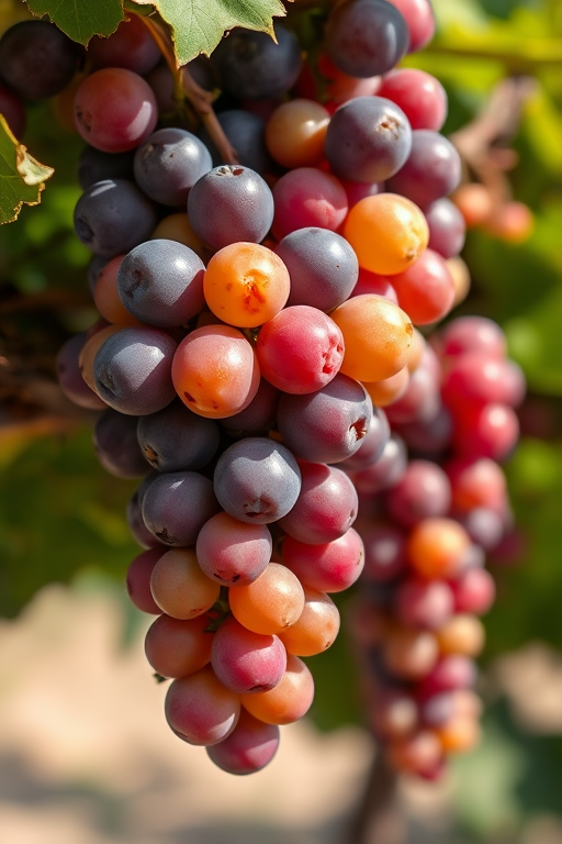 close-up shot of ripe grapes on a vine, shallow depth of field, natural lighting, f/2.8 aperture, ISO 100, 50mm lens, DSLR camera, vibrant colors.