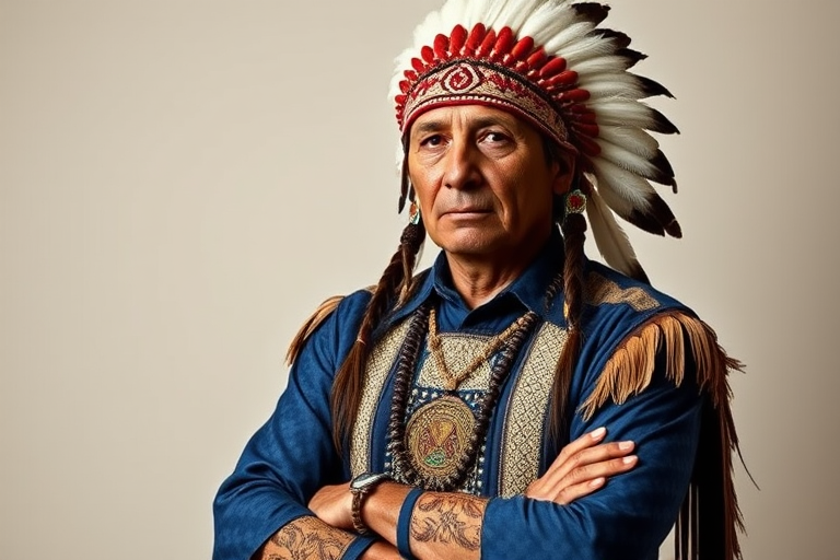 Create a dignified portrait of a Native American man dressed in traditional attire. He wears a beautifully crafted headdress adorned with white feathers and red beads, along with a beaded headband featuring intricate patterns. His clothing includes a deep blue, patterned shirt and a traditional chest piece with detailed beadwork. His arms are crossed, displaying leather armbands decorated with feathers. The background is simple and neutral, emphasizing his proud and stoic expression. The overall image captures the rich cultural heritage and strength of his persona.