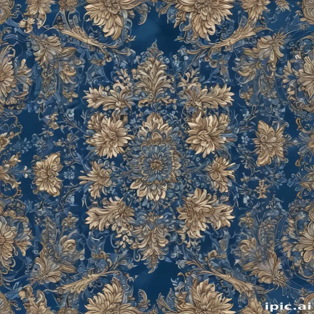 Elegant Floral Pattern in Rich Blue and Gold Tones for Textiles.