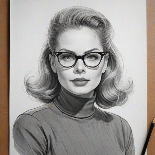 Exquisite Kristin Bauer, pencil sketch, portrait of Splendid woman 1946s in glasses, hair style beatnik, outline, clear lines, fine lines, 8k