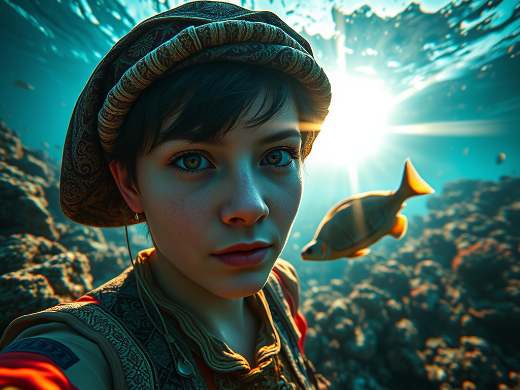Realistic selfie image of a Kyrgyz, wearing a vintage outfit, detailed dreamy eyes, droopy hooded eyes, staring at the camera, taken underwater at coral reef with a sunbeam filtering through the water, vibrant, summer vacation, natural lighting, turtle and school of tropical fish with vibrant colors, rendered in the style of CryEngine, Pegi Nicol MacLeod, with realistic genre scenes, hauntingly beautiful narratives, ultra-realism, and Thomas Saliot's close-up technique, 8K resolution, crystal clear and sparkling water.
