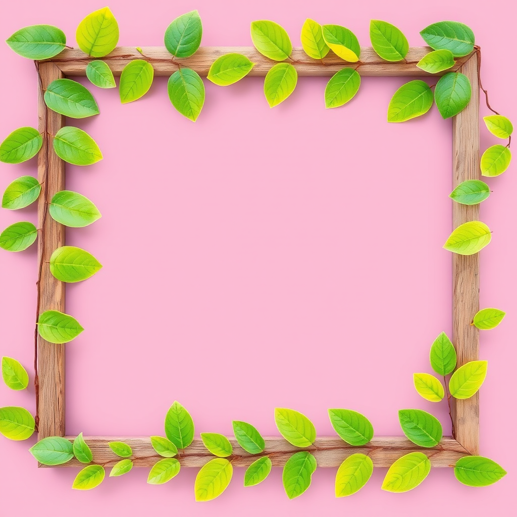 Create an image of a rectangular frame decorated with vibrant green leaves, using a 50mm lens, f/2.8 aperture, ISO 100, shot from a top-down view, in high-resolution with a digital camera for crisp detail.