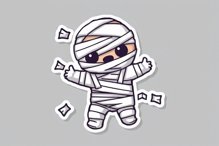 create a kawaii Mummy wrappings sticker, 3d digital art, grey background, sticker line weight