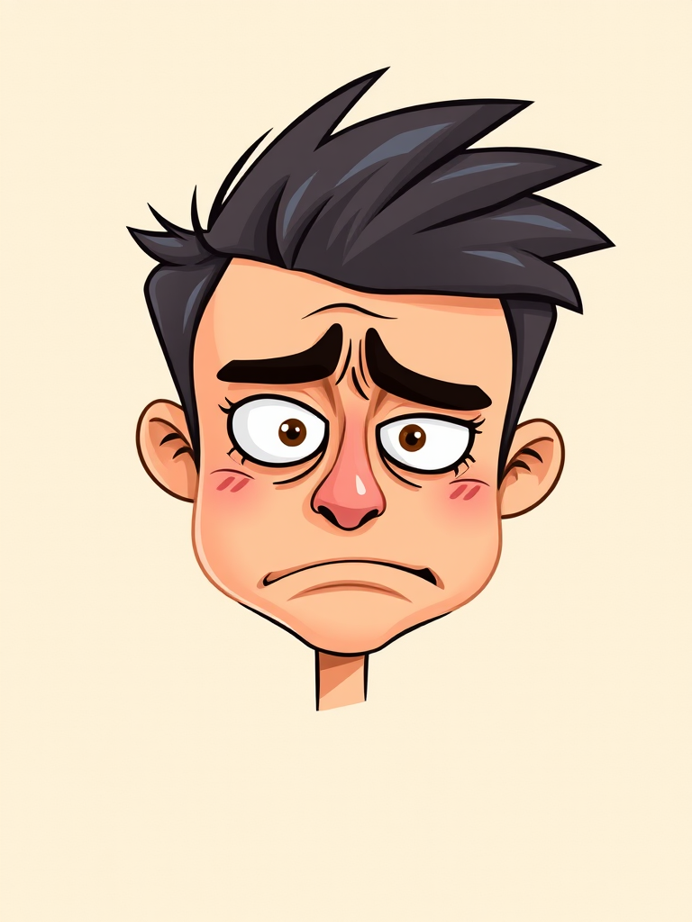 Create an illustrated character of a cartoon face with exaggerated features expressing frustration, using a textured beige background, shot with a DSLR camera at f/4 aperture, 50mm lens, natural lighting, and a shallow depth of field for enhanced focus.