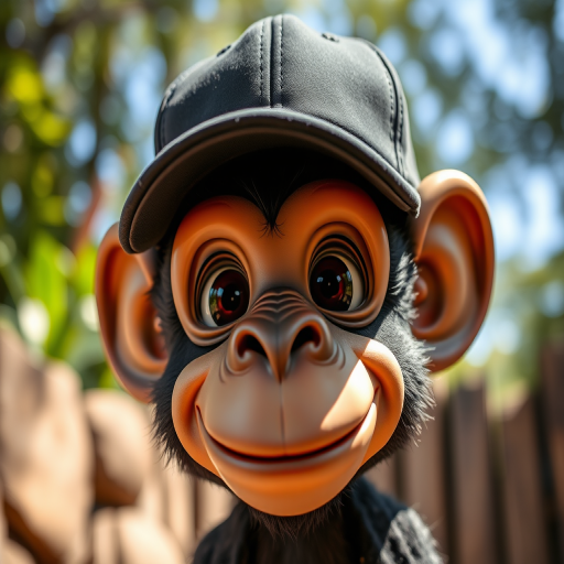 Create an image of a black baseball cap-wearing cartoon monkey head with a playful expression, showcasing detailed textures and shadows, using a DSLR camera with a 50mm lens at f/1.8 aperture, ISO 100, and natural lighting, shot from eye level for a dynamic perspective.