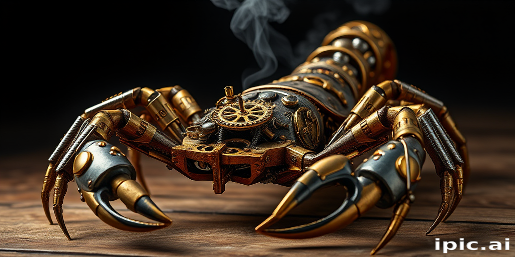 Create a high-intensity, high-resolution image of a steampunk scorpion, featuring intricate clockwork mechanisms and brass gears. The scorpion should have metallic limbs with elaborate jointed segments, showcasing a blend of Victorian-era aesthetics and futuristic technology. The body should be adorned with cogwheels, pistons, and small steam vents emitting a subtle mist, the front pinchers should up up and open. Capture the scene with dramatic lighting to emphasize the mechanical details, giving it a sense of motion and life