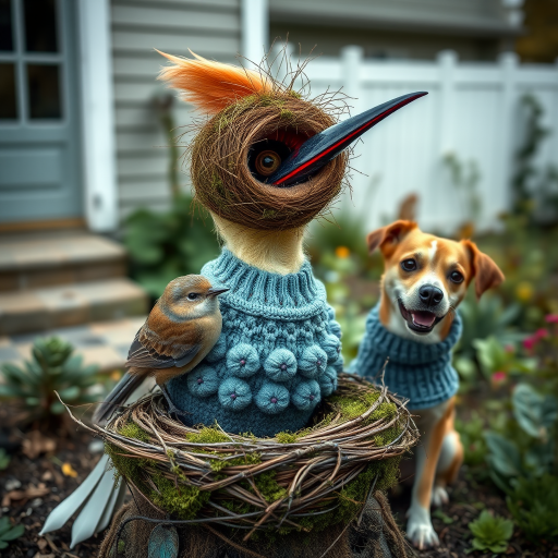 An image of a surreal, whimsical bird, a moss birds nest, sitting nearby is a dog, slightly smiling with a blueberry bobble stitch sweater, muted colors, natural textures, garden at back of house.