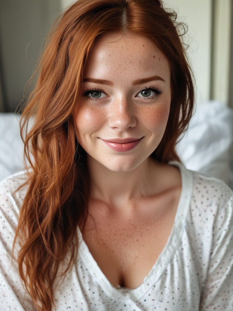chubby redhead with freckles with slight smile nightgown