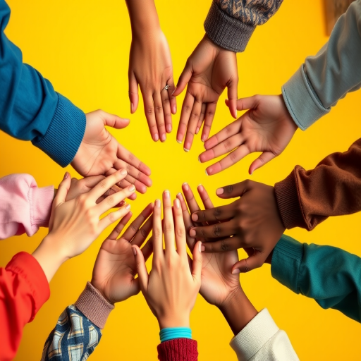 Create an illustration of diverse hands coming together in a collaboration gesture, using a bright yellow and blue background, focus on soft textures and vibrant colors, shot with a Canon EOS R5 at 50mm f/1.8, natural light, top-down view.
