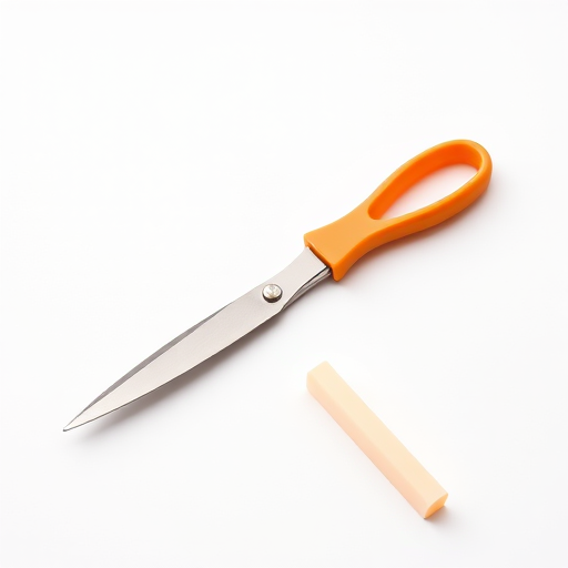 Create a high-resolution image of a pair of open scissors with orange handles on a white background, using a DSLR camera with a 50mm lens, aperture f/2.8, ISO 100, and a focal length of 50mm, with soft natural lighting and a shallow depth of field.