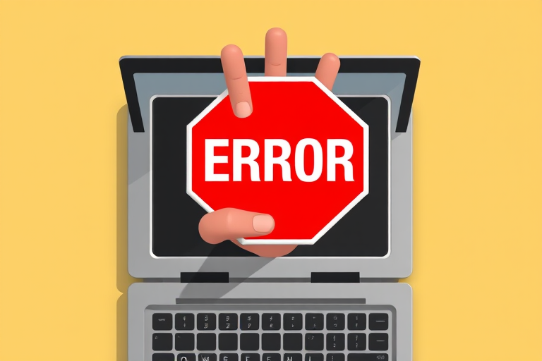 a digital illustration of a hand emerging from a laptop holding a red stop sign with the word ERROR in bold white letters, high resolution, 50mm lens, f/2.8 aperture, natural lighting, top-down view