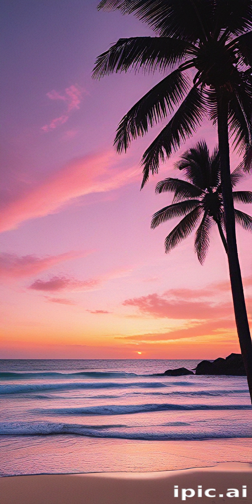 Serene Sunset Over Ocean Waves with Silhouetted Palm Trees in Paradise