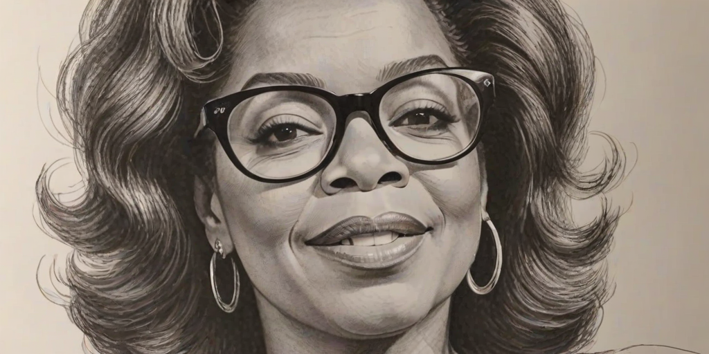 Delightful Oprah Winfrey, pencil sketch, portrait of Graceful woman 1977s in glasses, hair style beatnik, outline, clear lines, fine lines, 8k