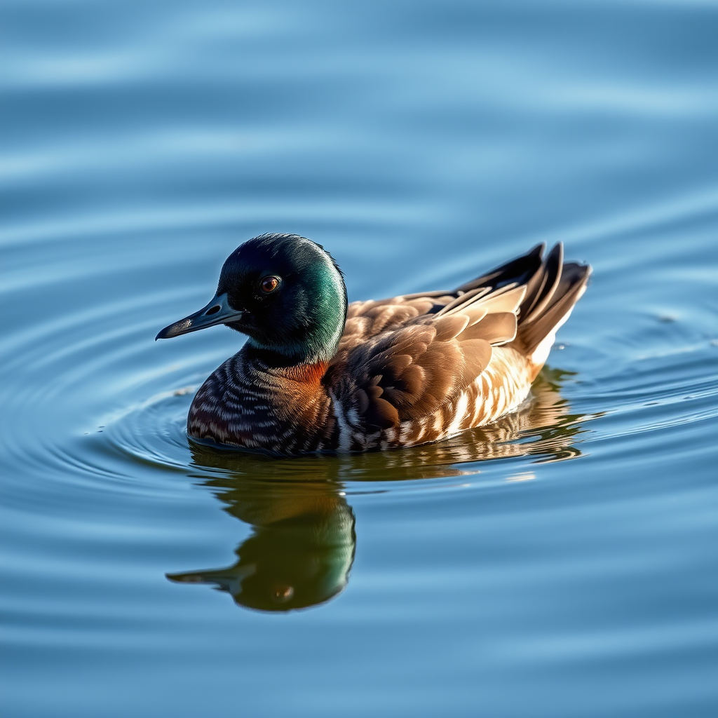 Capture a high-resolution image of a swimming bird on a still water surface during soft natural light, using a DSLR camera with a 200mm lens, aperture set at f/4, shutter speed 1/500s, ISO 400, with a slight focus on the bird and a shallow depth of field.