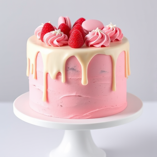 Create a beautiful pink cake with layers of pink frosting and a smooth white chocolate drip on top. Decorate the cake with pink macarons, swirls of pink buttercream, and fresh raspberries for an elegant touch. The cake should be presented on a white cake stand against a light gray background.