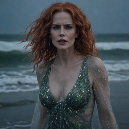 Bewitching image of Nicole Kidman, Big Little Lies star, with her porcelain skin and cascading red curls, emerging from misty waves in a sheer, iridescent gown, on a moonlit beach dotted with bioluminescent algae