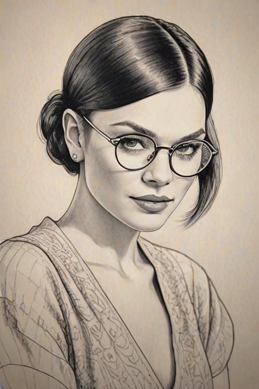 Charming Jessie J, pencil sketch, portrait of Superb woman 1925s in glasses, hair style beatnik, outline, clear lines, fine lines, 8k