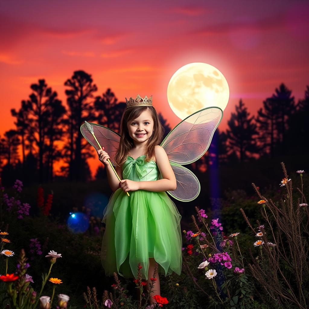 A vivid photo  taken under a bright camera flash of a fantastical scene set against a backdrop of a forest during sunset. The main subject is a girl dressed as a fairy, adorned with translucent wings and a green dress, holding a wand, her face is happy, and she wears a crown on her head. The forest behind her is a blend of flowers, shrubs and trees. The sky is painted in hues of orange and pink, with a large, glowing moon casting a warm glow over the scene. The overall color palette is dominated by earthy tones.
