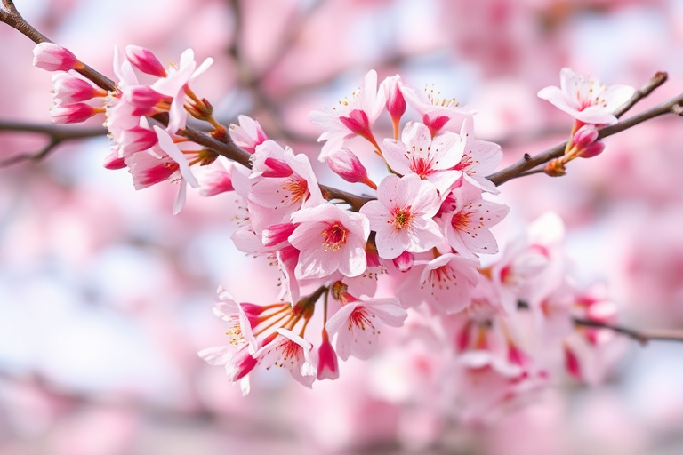 close-up of cherry blossom branches with pink flowers in soft-focus background, f/2.8 aperture, 50mm lens, ISO 200, natural light, DSLR camera, shallow depth of field
