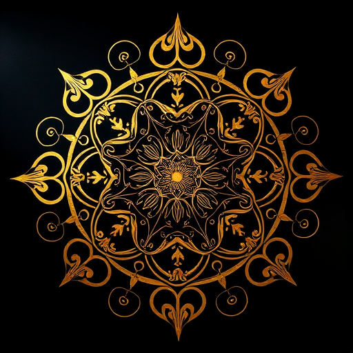 Create a high-resolution image of an intricate abstract design with golden swirls and geometric patterns on a black background, using a DSLR camera with a 50mm lens at f/1.8, 1/100s shutter speed, ISO 100, in a top-down view to capture detail and depth.