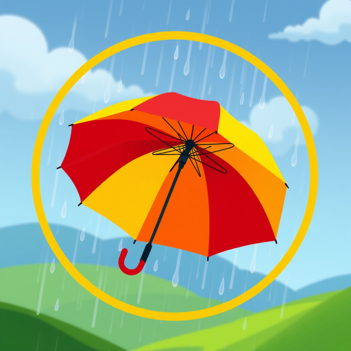 Create a vibrant illustration of a red and yellow umbrella in a circular frame, raindrops falling around it, with green hills and a blue sky in the background, using a Canon EOS R5 with a 50mm lens, aperture f/1.8, shutter speed 1/200s, ISO 100, in a digital art style.