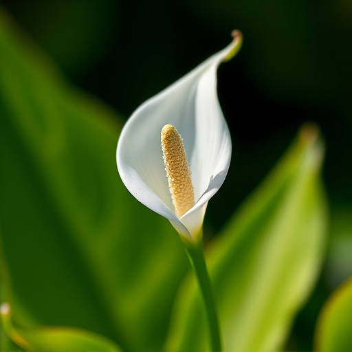 macro shot of a peace lily flower with a blurred green background, f/2.8 aperture, ISO 100, 50mm lens, natural light, focus on the flower details