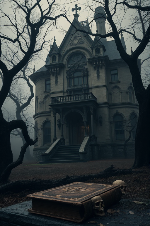 A gothic mansion with intricate architecture, surrounded by dark, twisted trees and mist, featuring skulls and a weathered book in the foreground, captured with a Canon EOS R5 at f/1.8, ISO 100, 24mm, with soft, dramatic lighting and a moody atmosphere.