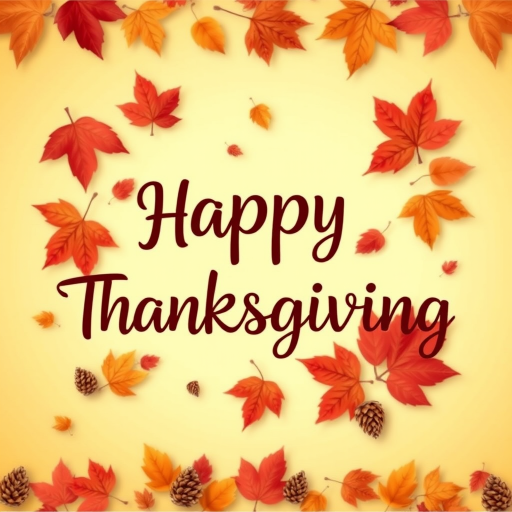 Create a warm and festive autumn-themed image with a gradient background of orange and yellow hues. Include a variety of falling leaves in shades of red, orange, and brown. In the center, display the text "Happy Thanksgiving" in a stylish and inviting font, using a dark brown color for contrast. Add subtle decorative elements like pine cones and additional leaves for a cozy, seasonal feel.