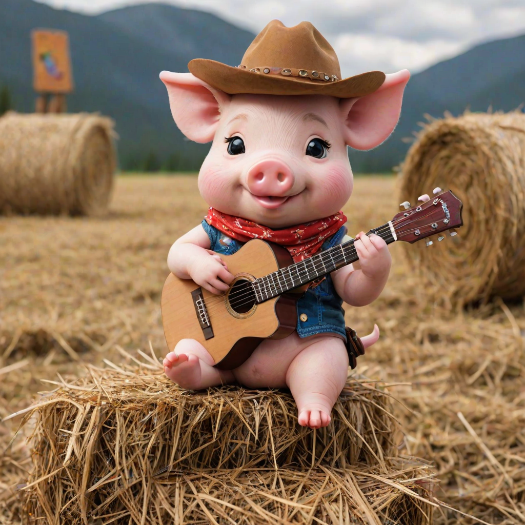 A chibi pig, dressed as a cowboy, playing guitar, sitting on a hay bale