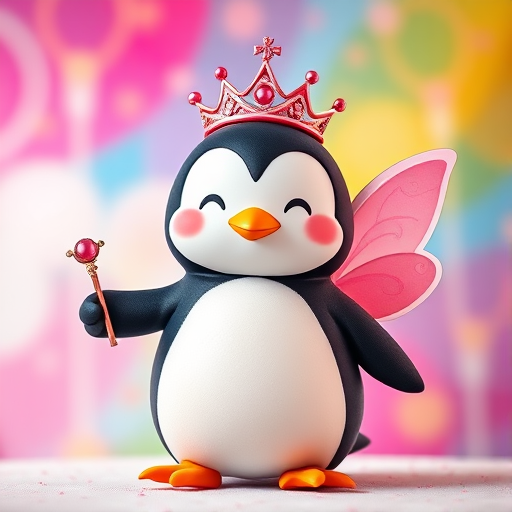 A whimsical cartoon penguin with pink fairy wings wearing a tiara and holding a magic wand, against a bright, colorful background, captured in high resolution using a DSLR camera with a 50mm lens, f/1.8 aperture, 1/200 sec shutter speed, and natural lighting for vibrant colors.