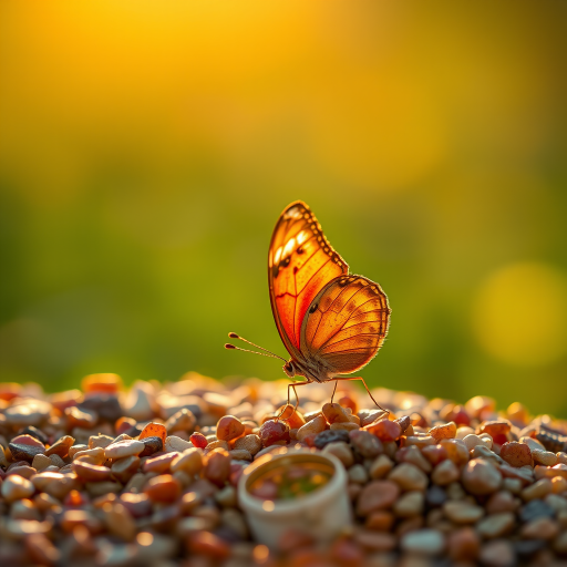 A vibrant orange and yellow butterfly with black markings is perched on a bed of small, brown pebbles in the warm, golden light of a setting sun. The butterfly is facing the viewer with its wings slightly raised, creating a sense of delicate movement. The background is a soft, blurred green and yellow, creating a gentle, natural atmosphere. The image is captured in a close-up perspective, focusing on the butterfly's intricate details and the warm glow of the sunlight.