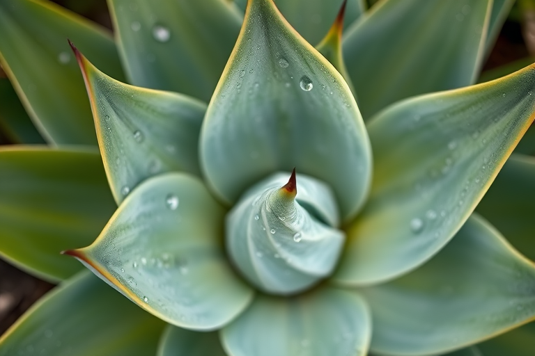 close-up shot of an agave plant with water droplets on the leaves, natural lighting, macro lens, aperture f/2.8, shutter speed 1/100s, ISO 200, taken with a DSLR camera from a top-down perspective