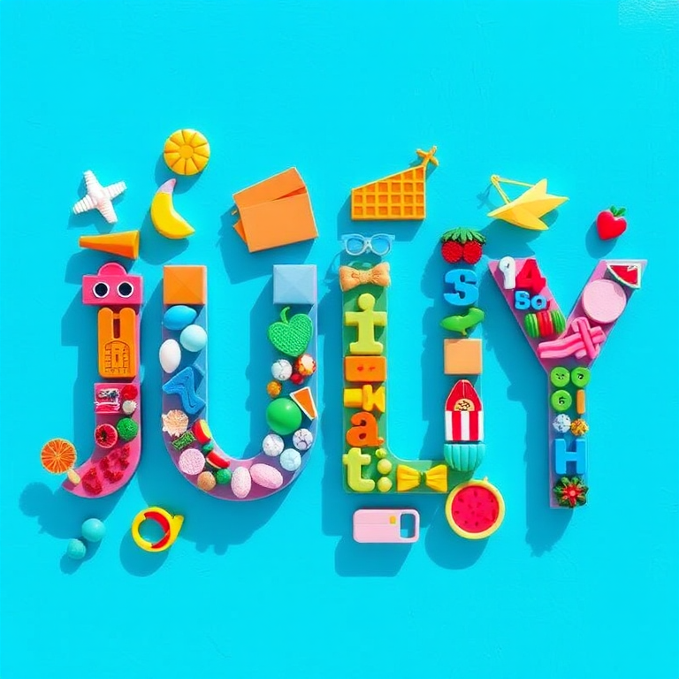 Create a vibrant, multicolored graphic of the word JULY made from various summer-themed icons, captured with a DSLR camera, 50mm lens, f/1.8 aperture, ISO 100, and in natural light for enhanced clarity and color saturation.